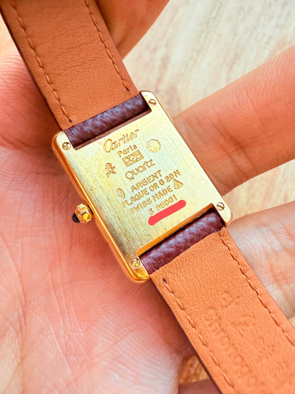 Cartier Tank Must quartz watch raised gilded roman numerals burgundy dial sterling silver gold cased original gold plated buckle 21x29mm quartz rare art deco style watch only