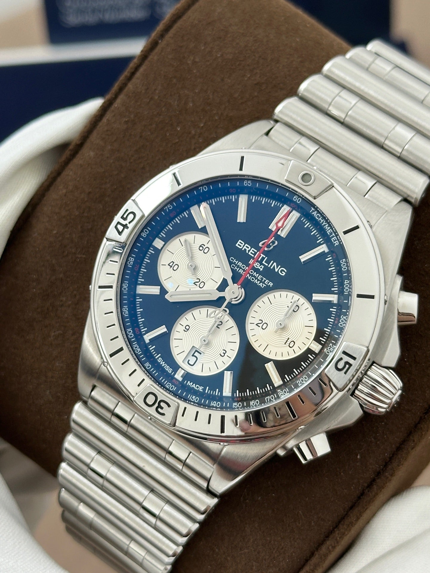 Breitling Chronomat AB0134101B1A1 black dial three chronograph counters 2020 full set