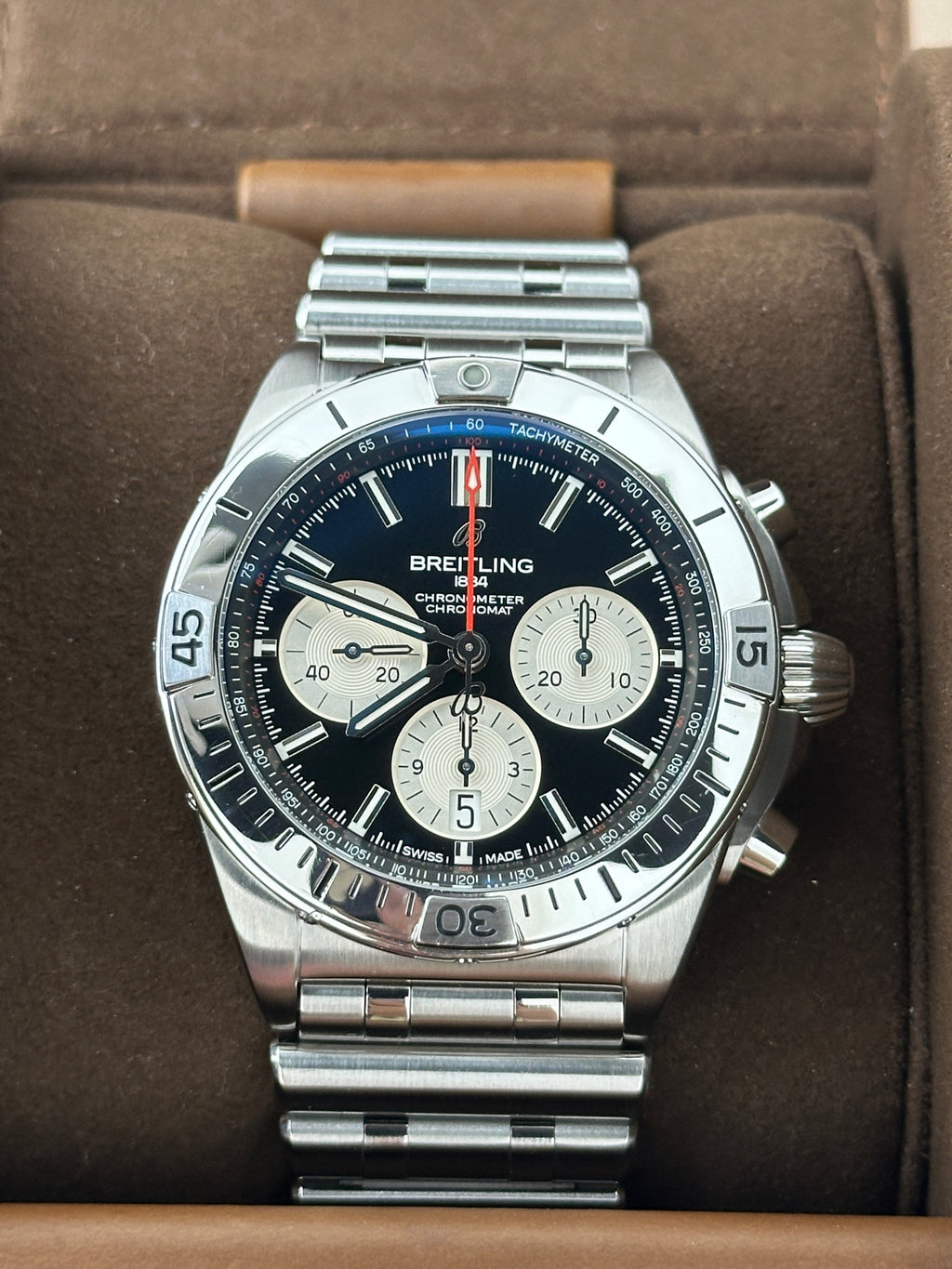 Breitling Chronomat AB0134101B1A1 black dial three chronograph counters 2020 full set