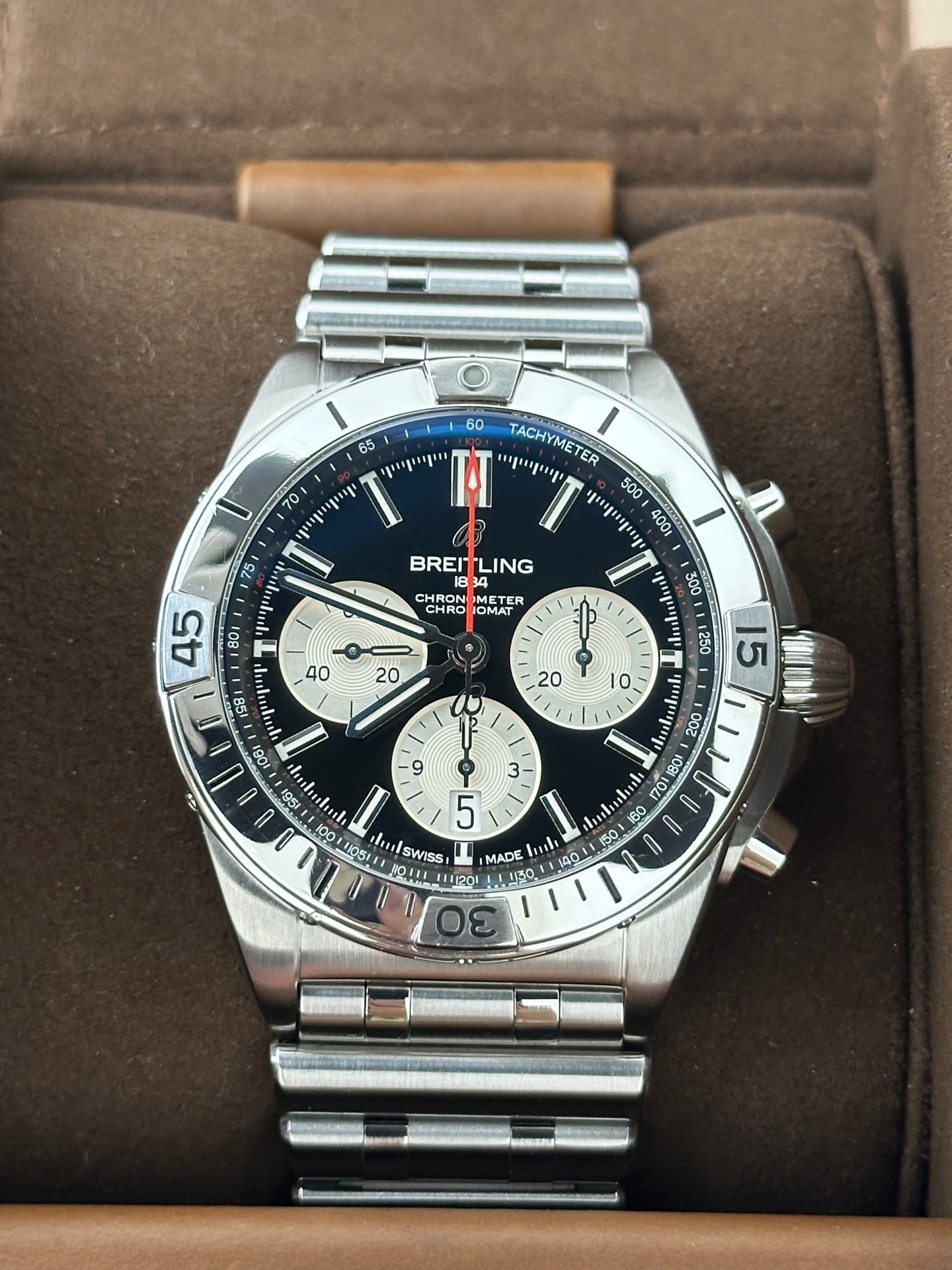 Breitling Chronomat AB0134101B1A1 black dial three chronograph counters 2020 full set