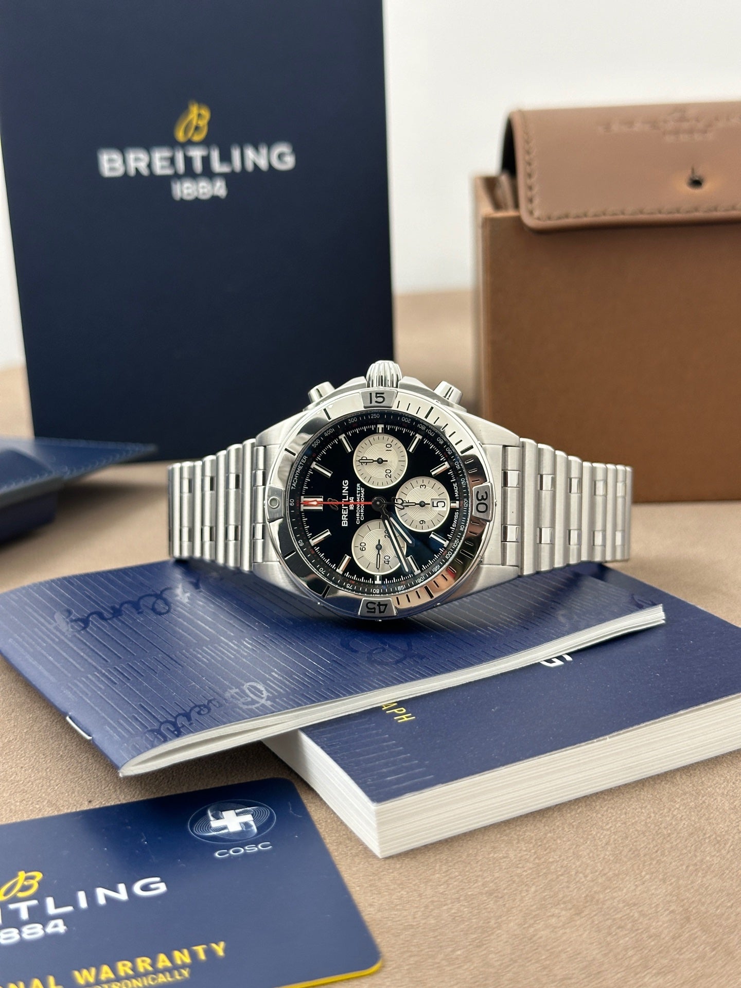 Breitling Chronomat AB0134101B1A1 black dial three chronograph counters 2020 full set