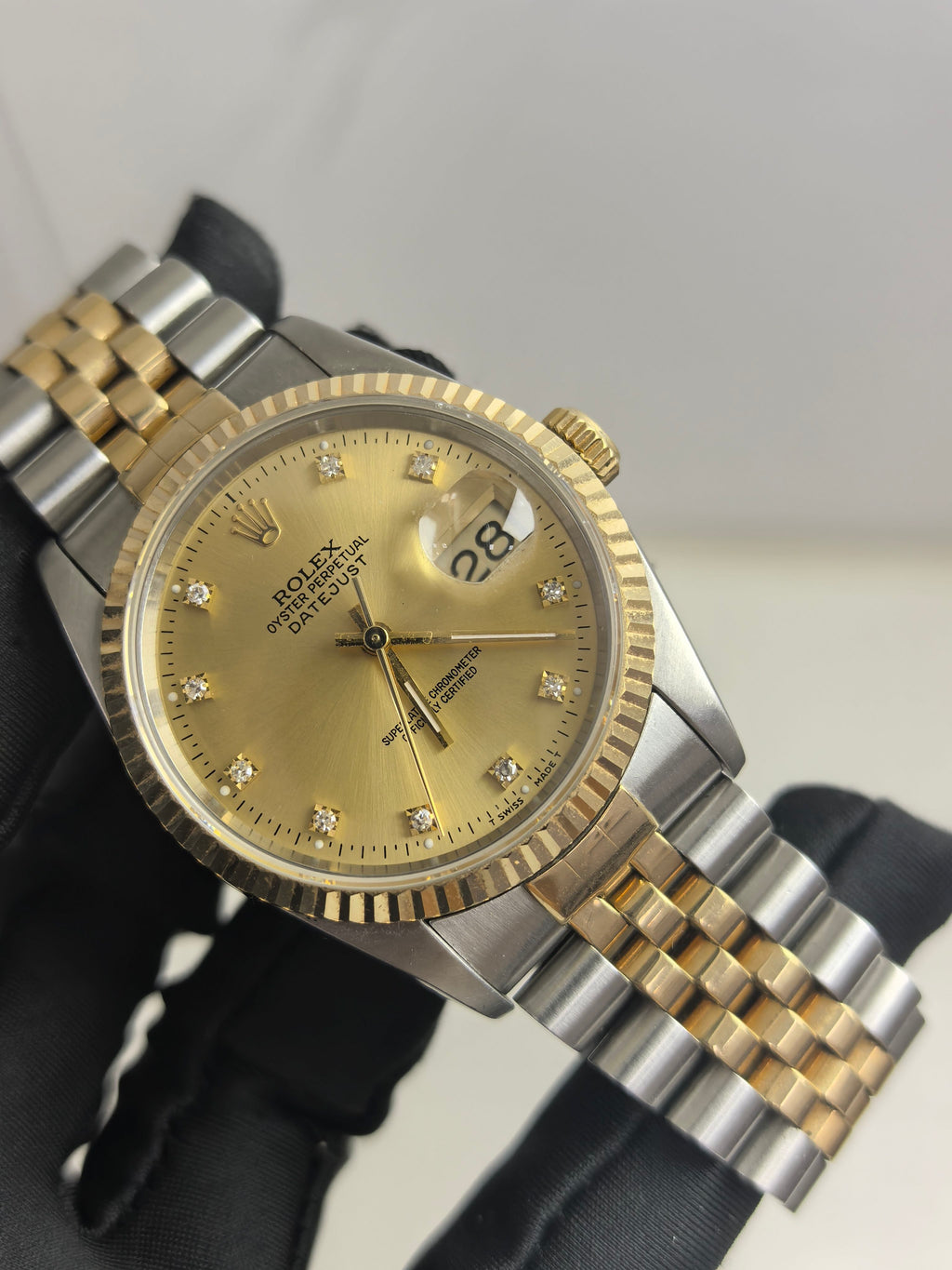 Rolex Datejust 16233 mens watch 36mm gold dial diamond hour markers two tone oystersteel and 18k yellow gold watch only