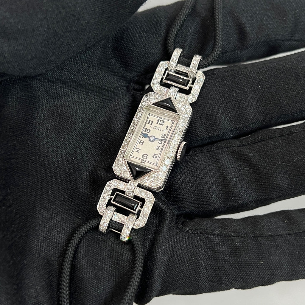 Early Patek Philippe Art Deco watch onyx dial engraved case sides