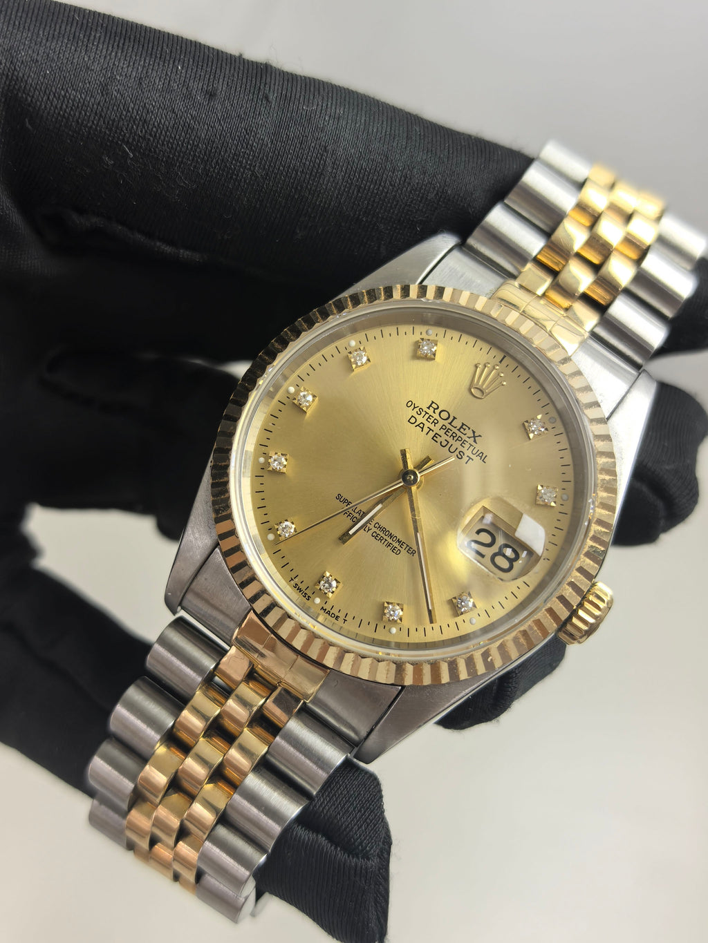 Rolex Datejust 16233 mens watch 36mm gold dial diamond hour markers two tone oystersteel and 18k yellow gold watch only