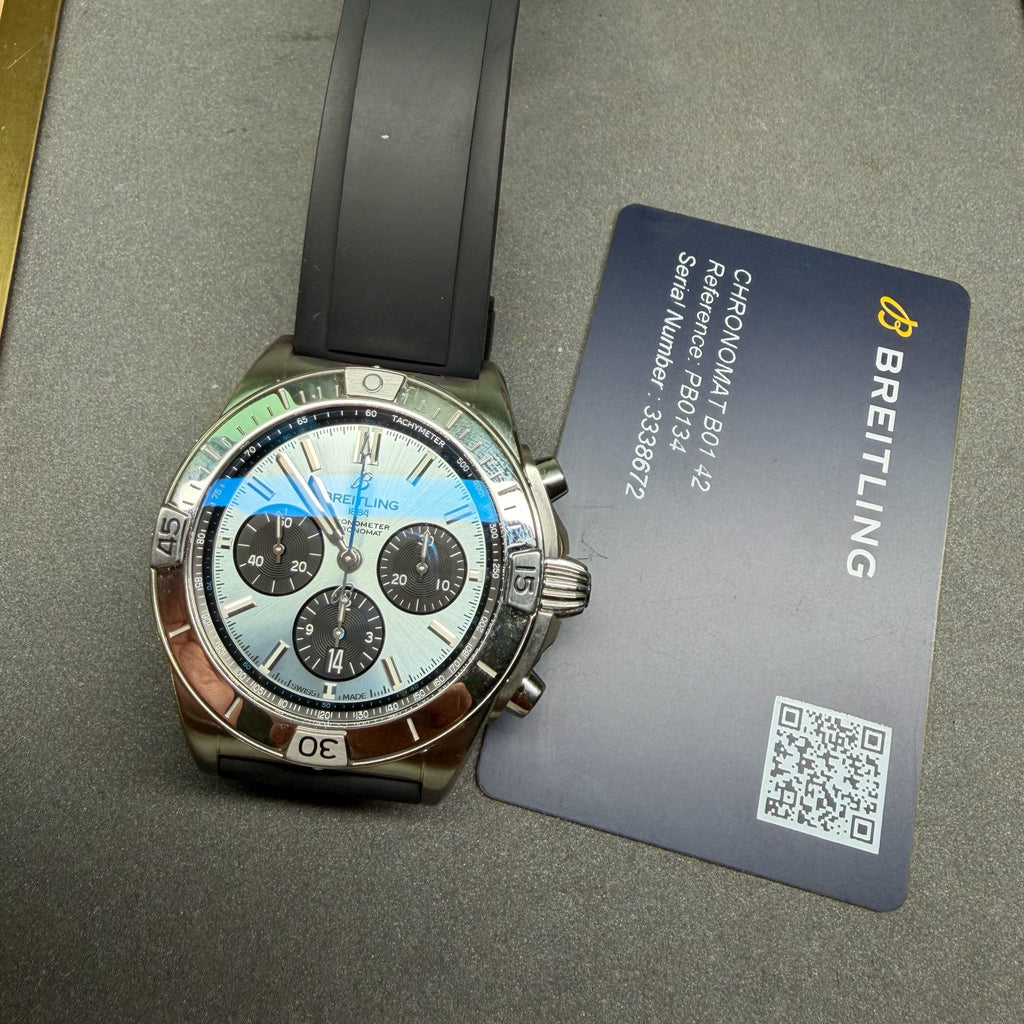 Breitling Chronomat Ref. PB0134101C1S1 automatic winding mechanical movement stainless steel and platinum 42mm retail price 79800 with 2021 warranty card