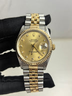 Rolex Datejust 16233 mens watch 36mm gold dial diamond hour markers two tone oystersteel and 18k yellow gold watch only