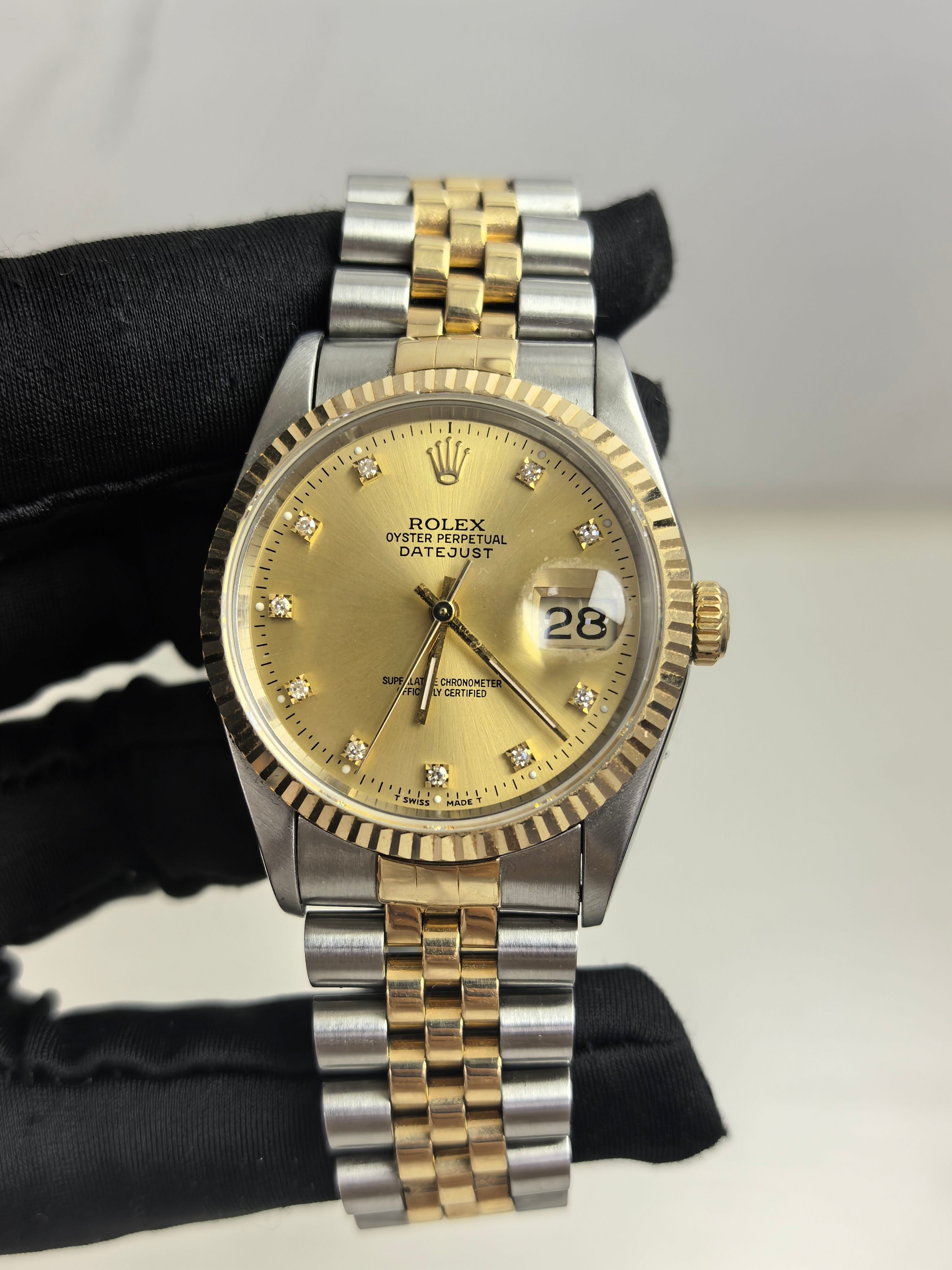 Rolex Datejust 16233 mens watch 36mm gold dial diamond hour markers two tone oystersteel and 18k yellow gold watch only